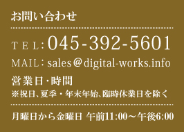 お問い合わせ TEL:045-392-5601 MAIL :sales@digital-works.info 営業日・時間 月曜日から金曜日 午前11:00～後6:00
